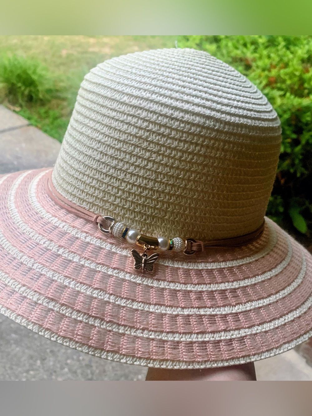 Lucky 7 Sun Hat with Pink Trim and Butterfly Charm